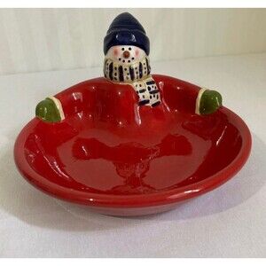 Home Festive Snowman Ceramic Candy Serving Bowl Red Christmas Holiday Decor